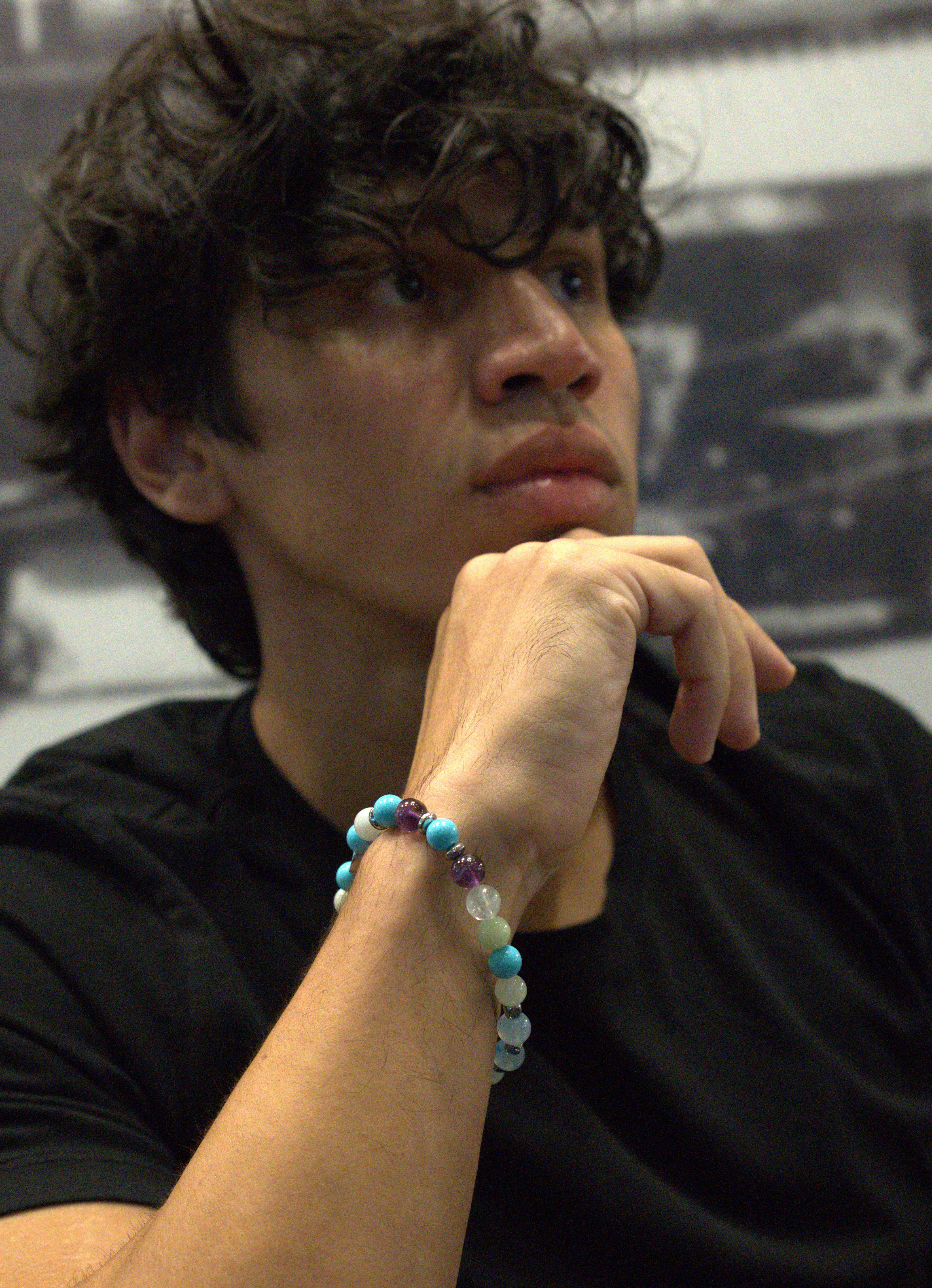 Men’s bracelet with hematite anchor plate, turquoise four-flowers paste, amethyst, green agate and hematite cubes – Sir Edwin