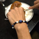 Lapis Stone, White Agate, Sunstones, Gold-Plated Hematite Cubes