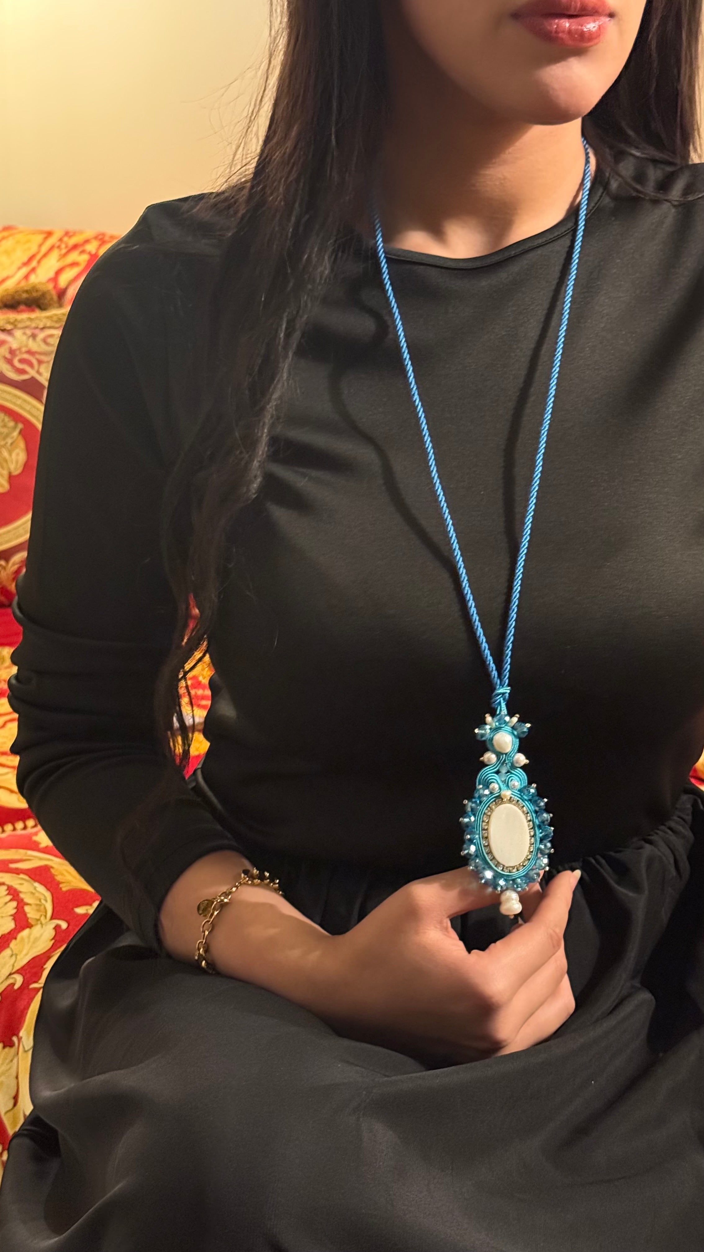 Handmade Italian mother-of-pearl and turquoise necklace with crystal halo – Regina Collection