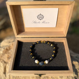 Men’s bracelet with lapis, white agate, sunstone flowers and gold-plated hematite – Sir Luxury