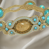 Handmade Italian bracelet with turquoise stones, yellow quartz cabochon and gold embroidery – Liberty Collection