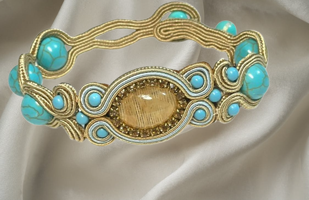 Handmade Italian bracelet with turquoise stones, yellow quartz cabochon and gold embroidery – Liberty Collection