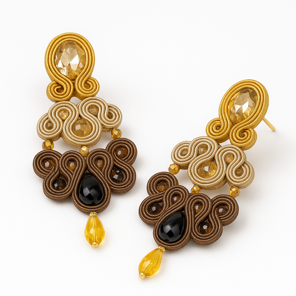Handmade Italian earrings with golden cabochon and soutache embroidery – Nara Collection