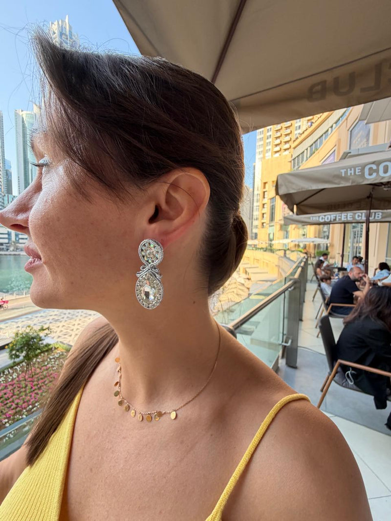 Handmade Italian earrings with center crystal, moonlight stones and silver-toned embroidery – Star Collection