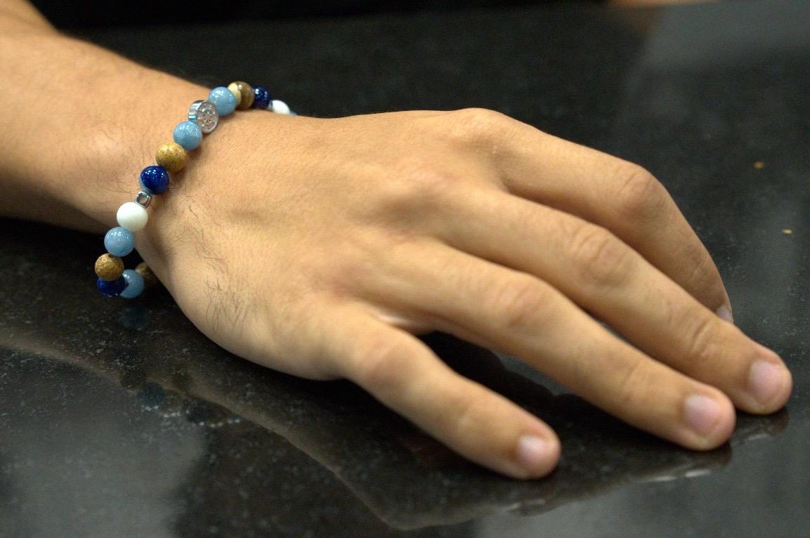 Men’s bracelet with hematite anchor plate, angelite, paesina stone, white agate, blue agate and hematite cubes – Sir Edwin