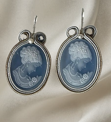 Handmade Italian blue agate cameo earrings with pearl and crystal accents – Victorian Blue Collection