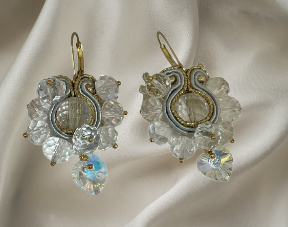 Handmade Italian earrings with clear crystals and dual-tone metallic embroidery – Ice Collection