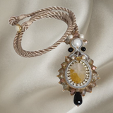 Handmade Italian necklace with yellow quartz cabochon, pearls and black onyx drop – Regina Collection