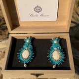 Handmade Italian earrings with mother-of-pearl, freshwater pearls and turquoise embroidery – Angella Turquoise Collection