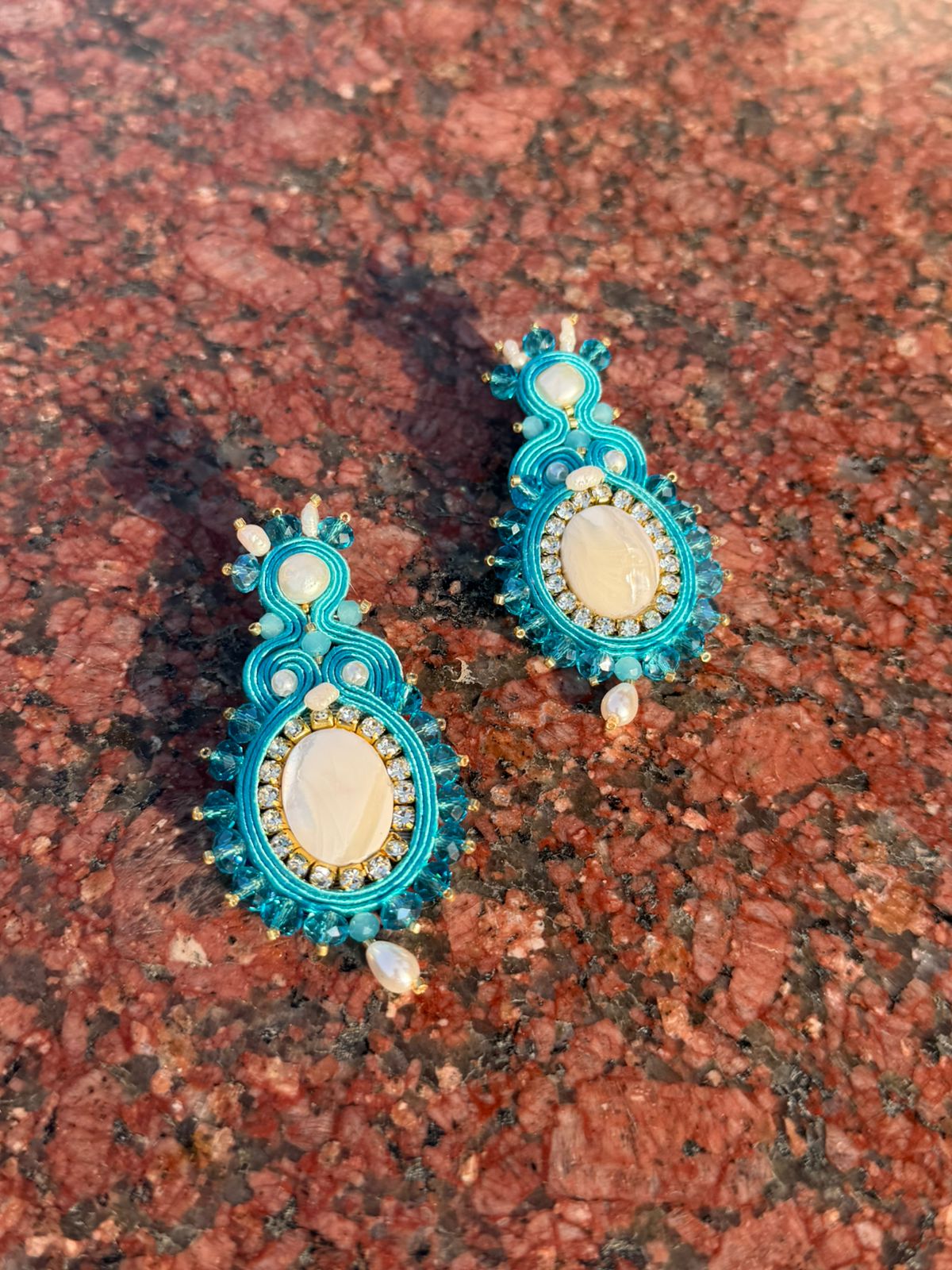 Handmade Italian earrings with mother-of-pearl, freshwater pearls and turquoise embroidery – Angella Turquoise Collection