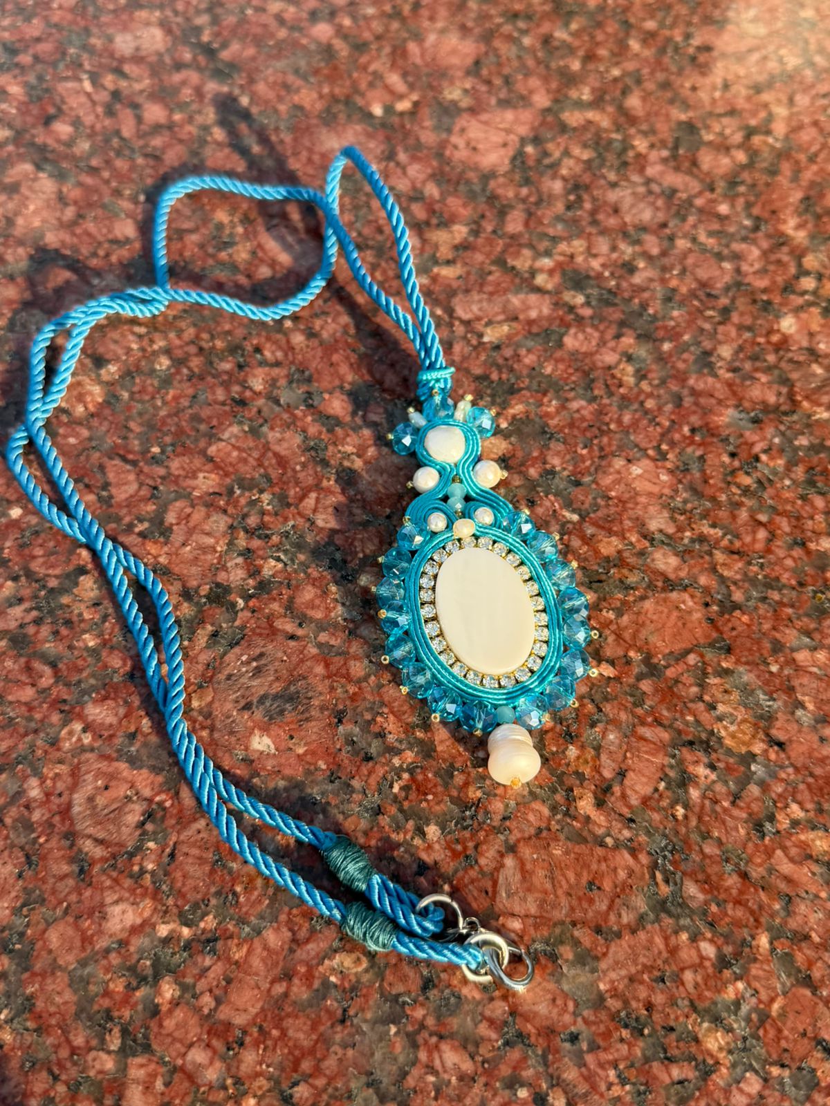 Handmade Italian mother-of-pearl and turquoise necklace with crystal halo – Regina Collection