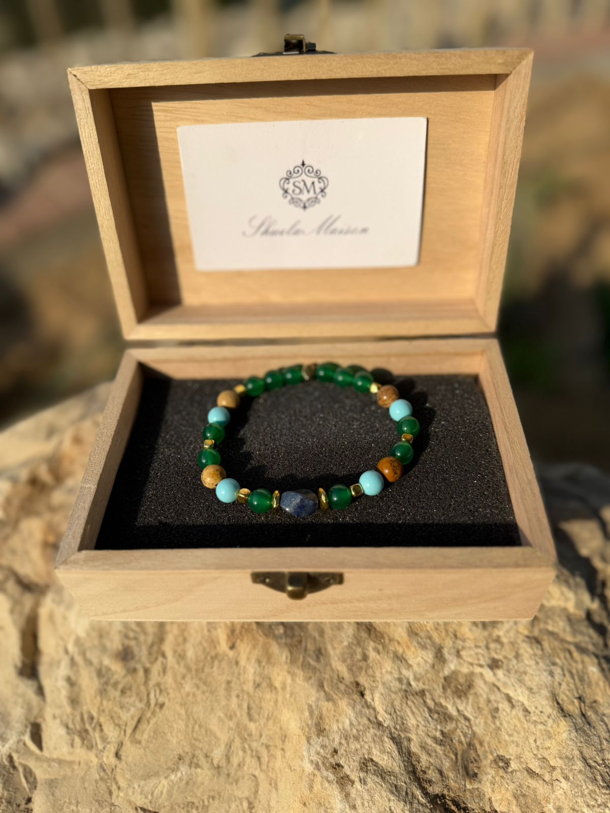 Men’s bracelet with lapis, green agate, turquoise paste, paesina stone and gold-plated hematite – Sir Luxury