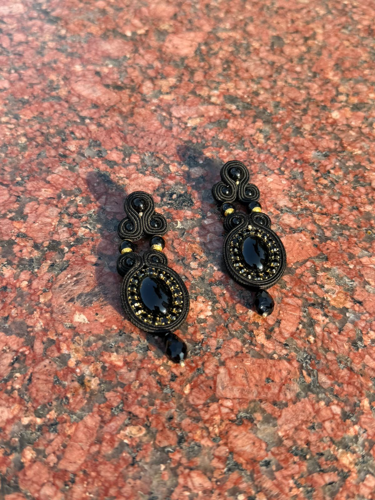 Handmade Italian black onyx earrings with golden crystal accents – Veronica Collection