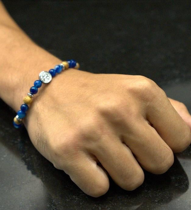 Men’s bracelet with hematite anchor plate, striped blue agate, paesina stone and hematite cubes – Sir Edwin
